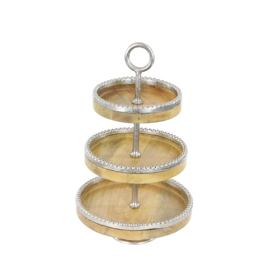 25" Brown Wood & Aluminum 3-Tier Tray Stand